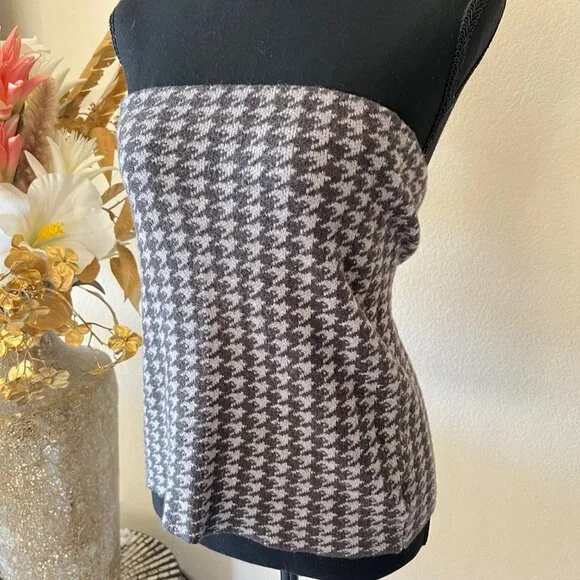 Y2K Versatile Houndstooth Tube Top Mini Skirt Light & Dark Gray Knit Stretch - Picture 4 of 8